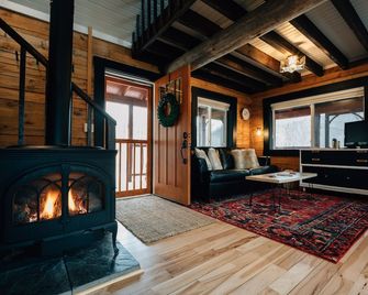 Secluded Rustic + Modern Log Cabin with hot tub by Stream, luxury getaway - Ferryville - Living room