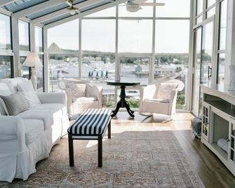 Admiral's Quarters Room 13 - Premier Ocean View 2 Room King Suite W/ Living Room, Fireplace, Patio - Boothbay Harbor