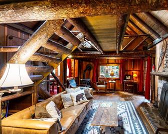 Cozy riverfront cabin with wood-burning fireplace, lovely deck, and washer/dryer - Brightwood - Living room