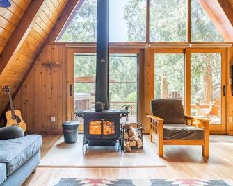 Mid-century A-frame with a huge secluded fenced yard! Private spa, AC & pet friendly. Near Humber Park & Village. - Idyllwild - Living room