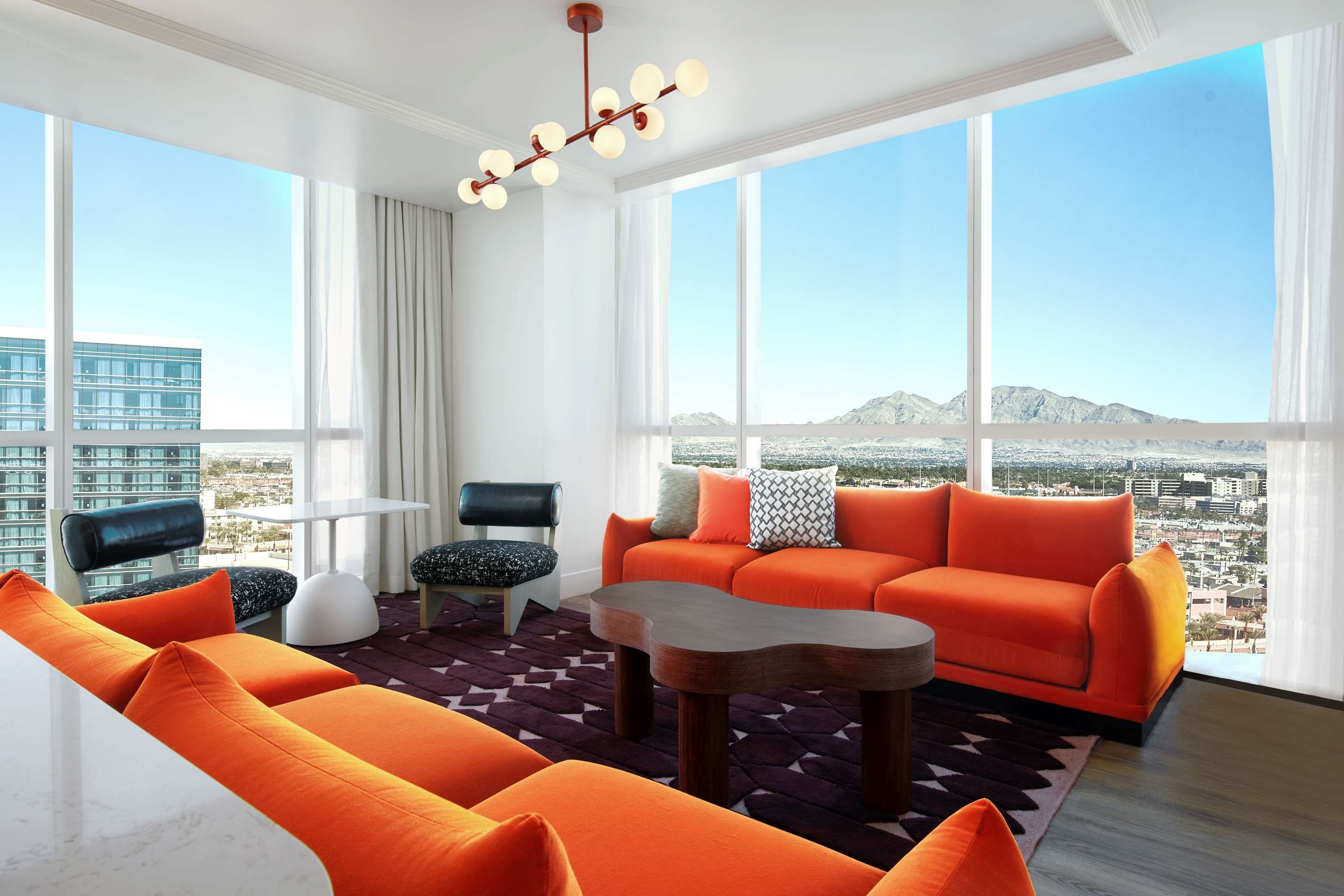 Living room view of Virgin Hotels Las Vegas, Curio Collection by Hilton