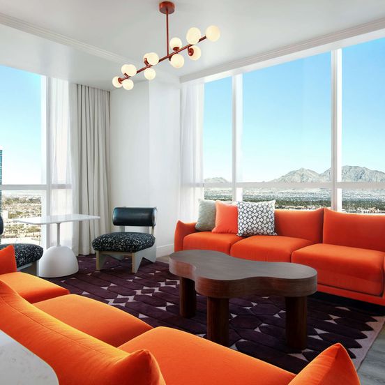 Living room view of Virgin Hotels Las Vegas, Curio Collection by Hilton