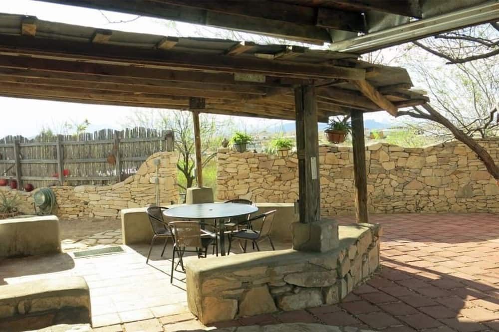 Patio view of Casa Mariposa: Restored Rock Ruin in Ghost Town