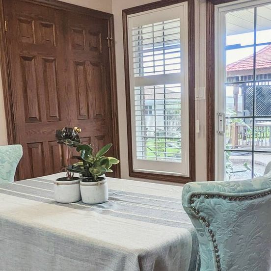 Restaurant view of A poolside guest suite nested in a beautiful orchard along winery route