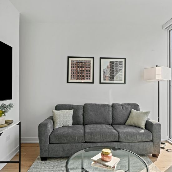 Living room view of Level Chicago - River North