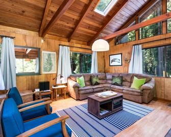 Creek-front Dreamwood cabin with deck, WiFi, wood-burning stove & private sauna - Cazadero - Living room