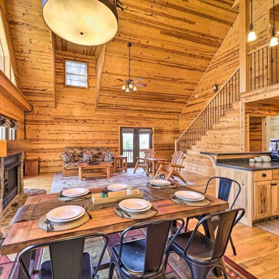 Dining room view of Picturesque NC Cabin with Fire Pit and Mtn Views!