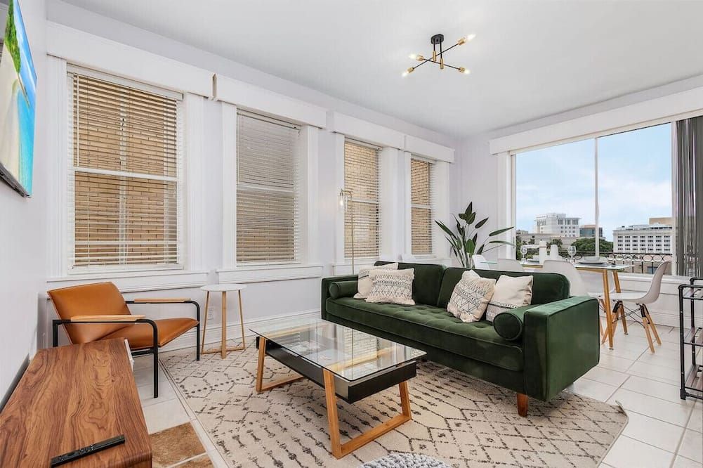 Living room view of Casa Historia: Sleek 2b Apt Unique Spot Downtown