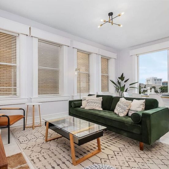 Living room view of Casa Historia: Sleek 2b Apt Unique Spot Downtown