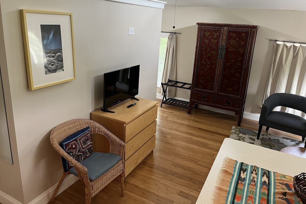 Living room view of Sunny Coach House in Historic Oak Park