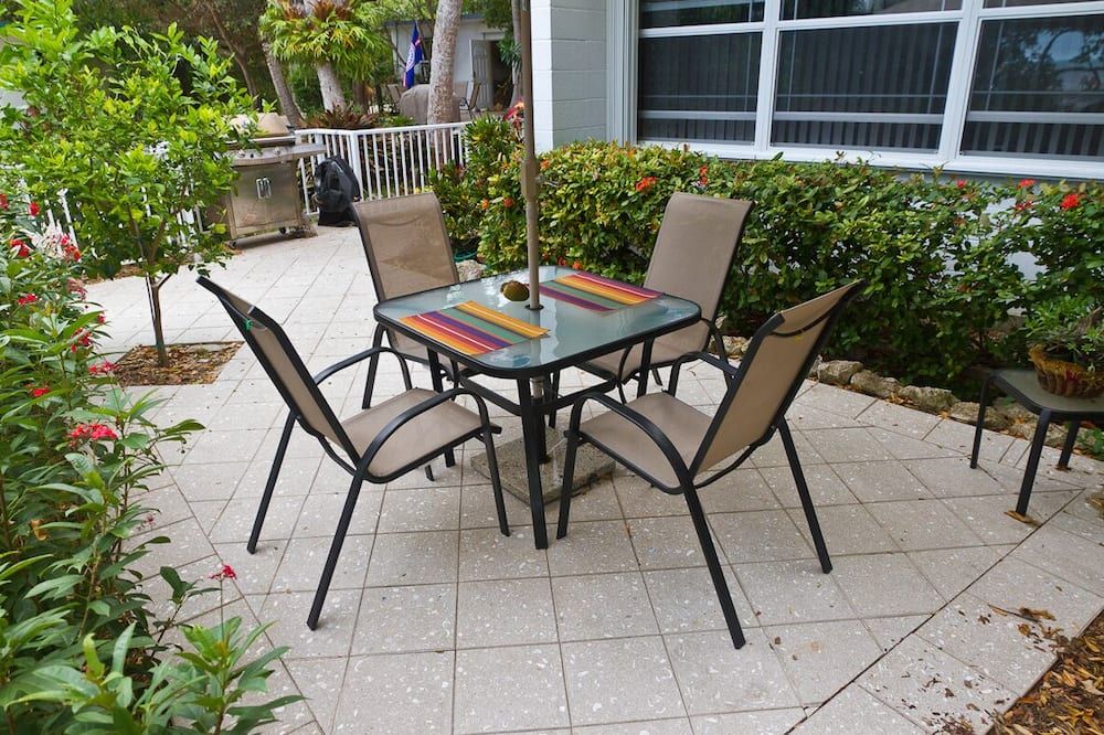 Patio view of Mitchells Keys Villa - private, secluded bayfront home