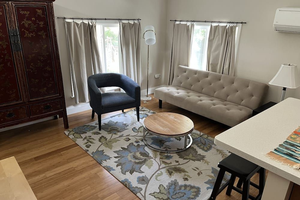 Living room view of Sunny Coach House in Historic Oak Park