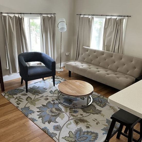 Living room view of Sunny Coach House in Historic Oak Park