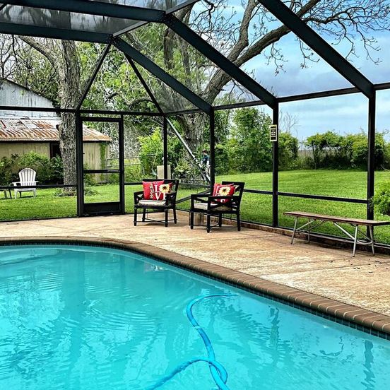 Pool view of Tx Swiss Alp Chalet W/Pool!!!