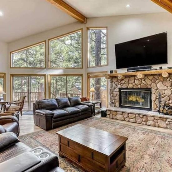 Living room view of 6000sf Pine House with indoor swimming pool