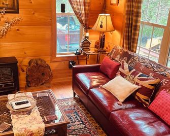 Charming riverfront 2-bedroom cabin with hot tub, WiFi, AC in Green Mountain Nc - Green Mountain - Living room